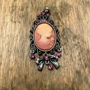 Vintage Style Pink Cameo Necklace Pendant in Unique Setting w/ Accent Stones